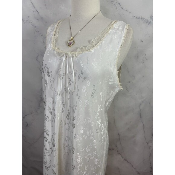 Vtg 80s Nightgown Dress White Satin Floral Lace Bridal Prairie Cottagecore SZ L - Picture 15 of 16